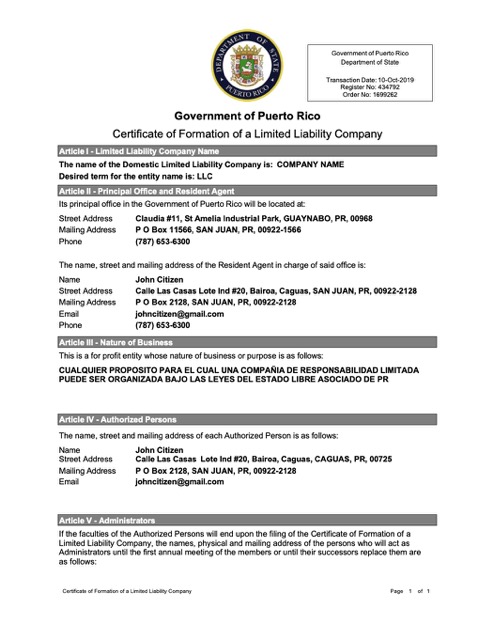 Puerto Rico certificate of formation of a limited liability company Word and PDF template, version 2